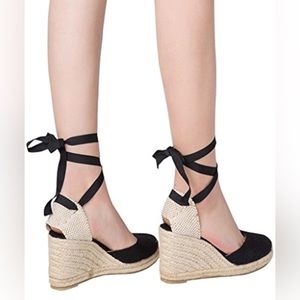 U-lite Womens Espadrille Wedge Sandals Closed Toe Platform Lace Up Ankle Strap 7